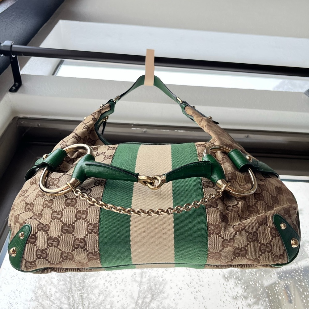 💚 Gucci: Horsebit Chain Studded Web Monogram Hobo Shoulder Bag - Picture 11 of 17